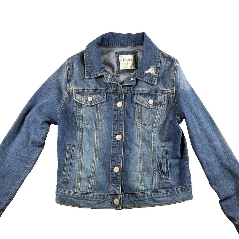 Denim Jacket Womens Mudd Size M Blue Distressed Button Front Trucker Jean Coat